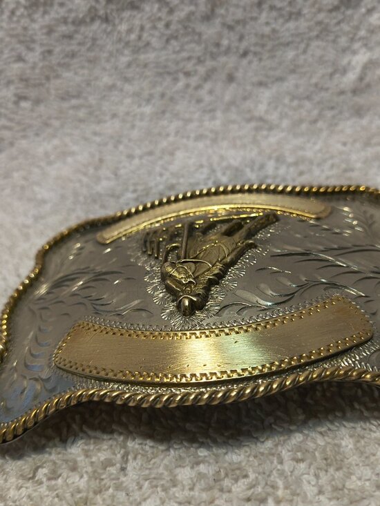 Women Pole Racing Belt Buckle ADM Gold Banners Silver Engraved Great VIntage main image 9